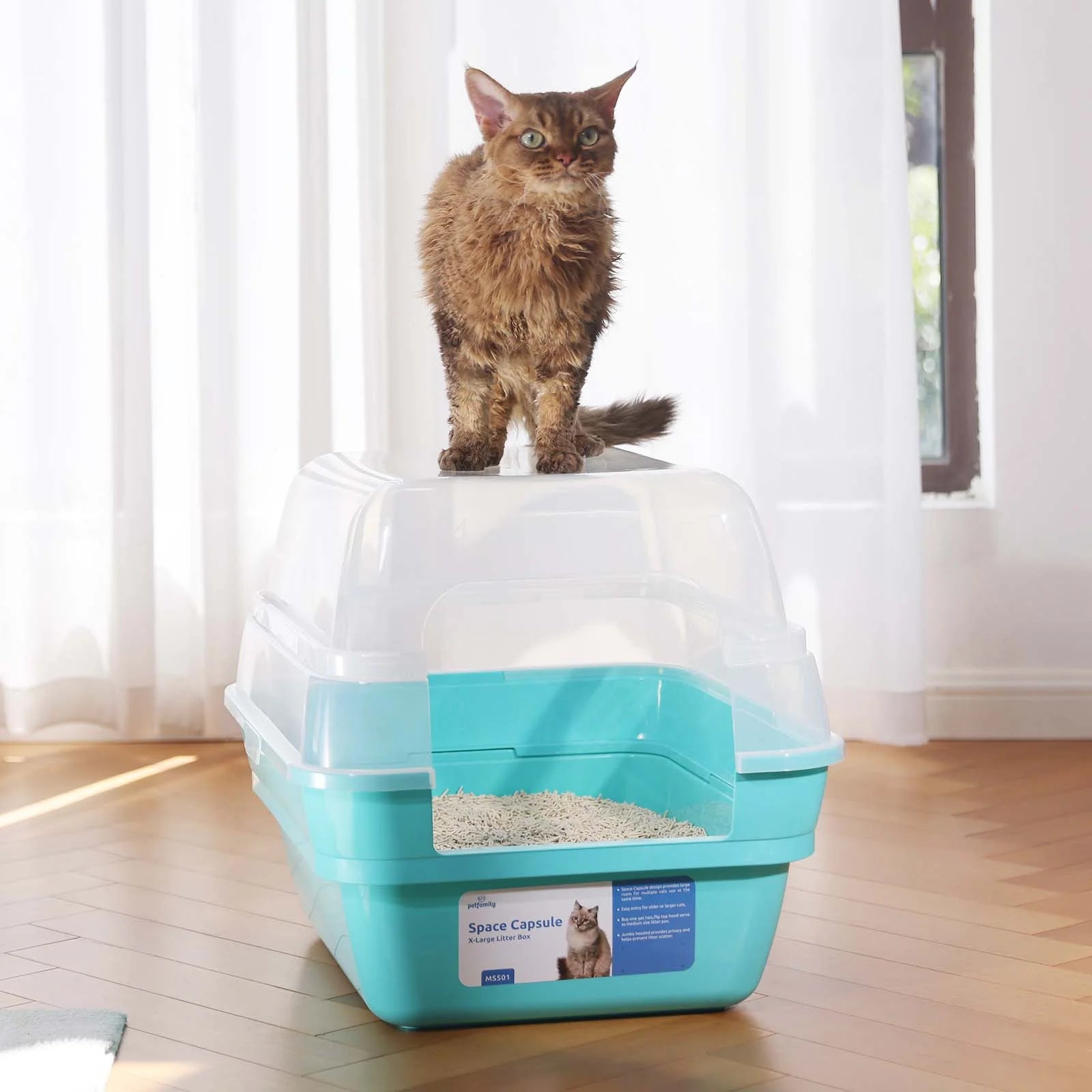 Extra Large Cat Litter Box, Color Teal, Jumbo Hooded, 21.50 X 17.90 X 17.25 In